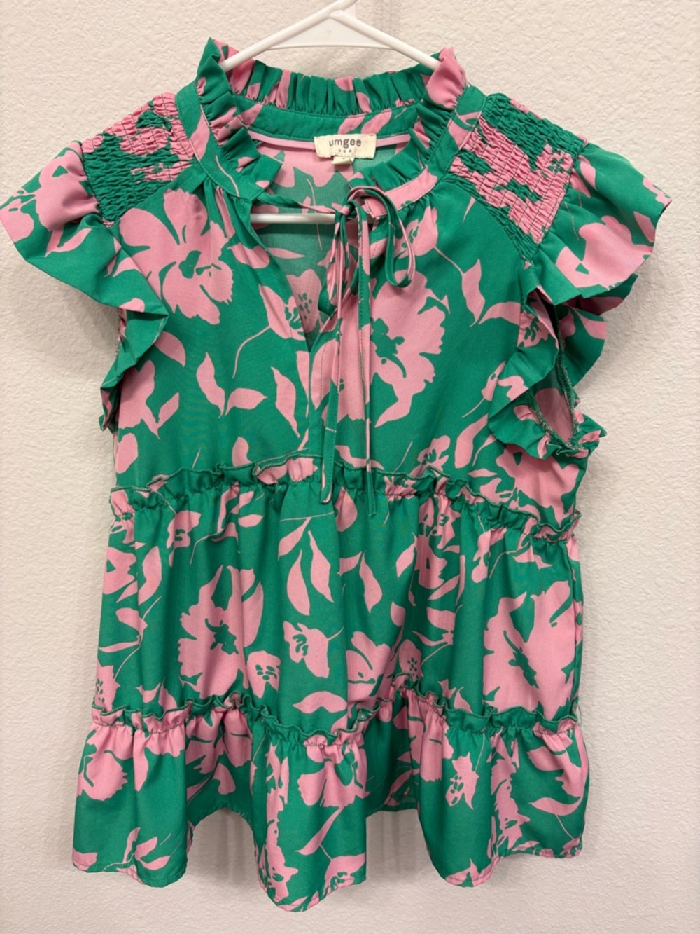 Umgee Pink and Green Floral Ruffle Tiered Blouse